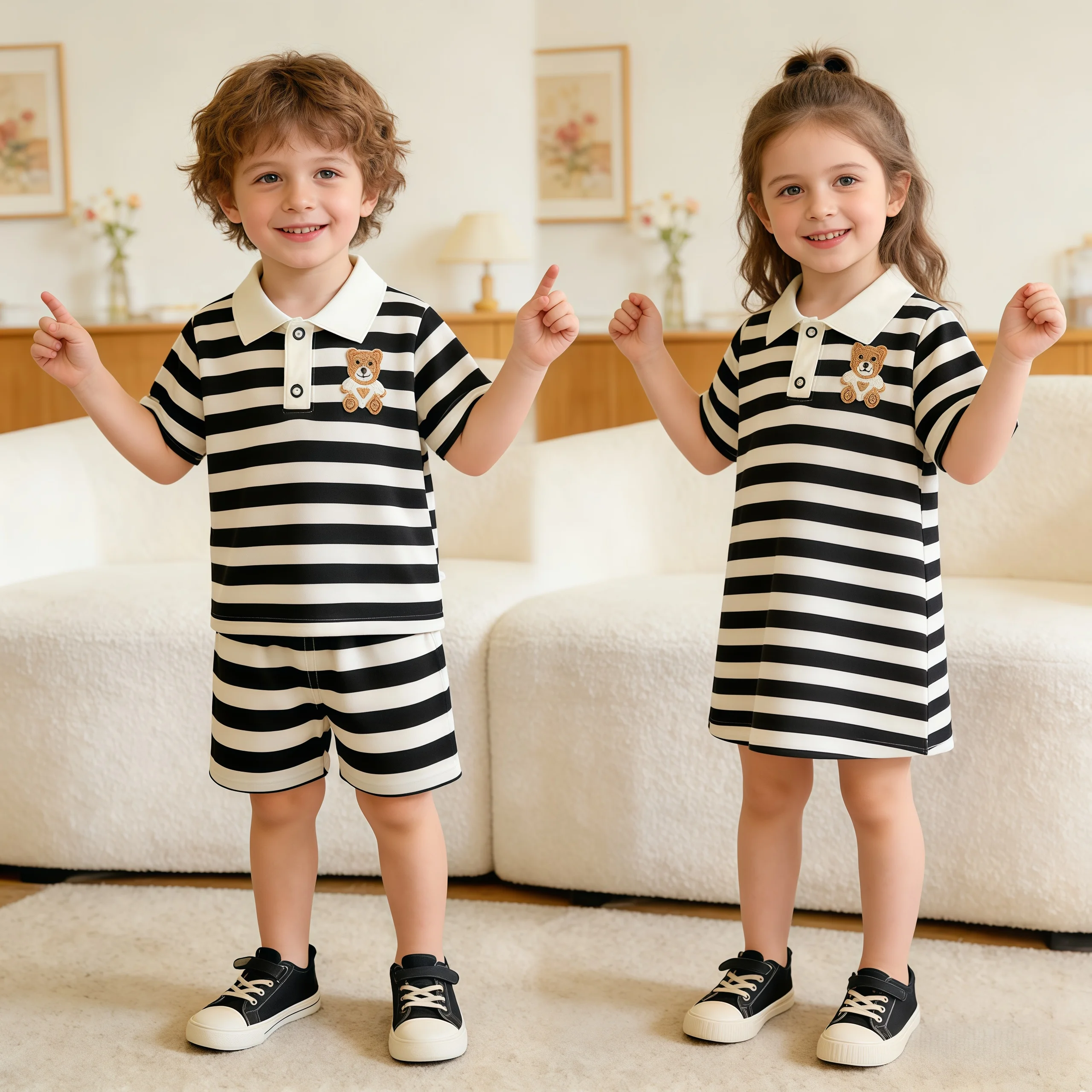Vestido de verano con estampado de oso de manga corta para niñas, ropa para niños, vestido Polo a rayas blanco y negro, vestido informal bonito para niños pequeños