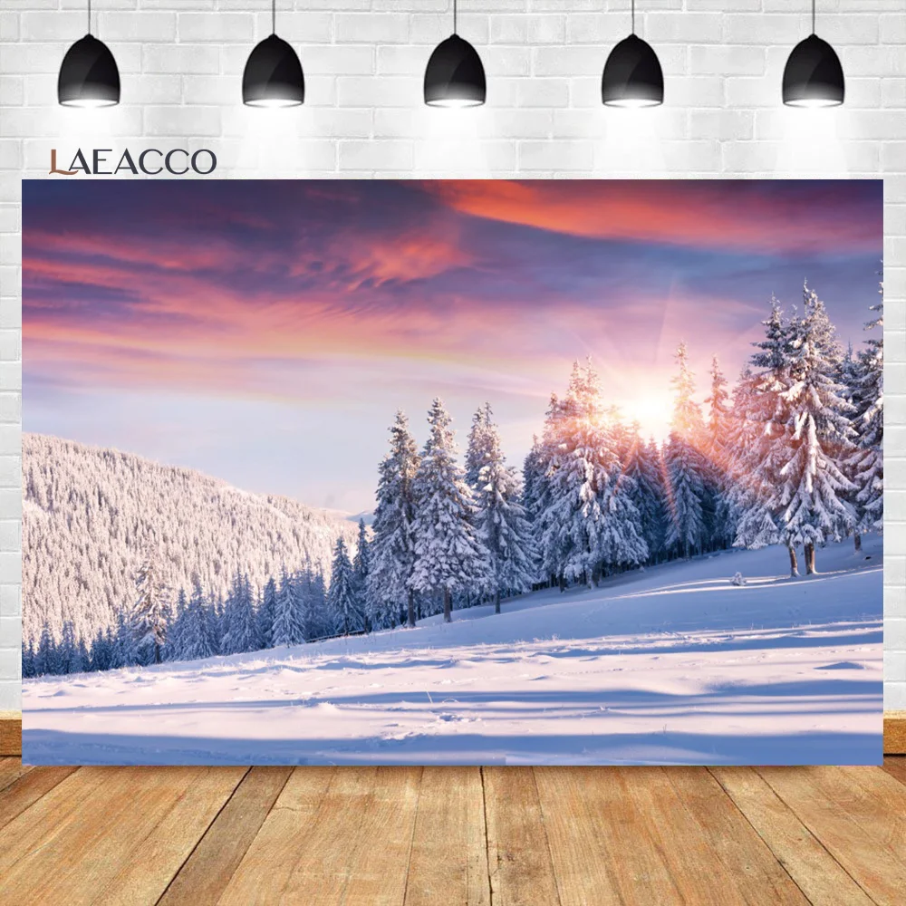 Laeacco Winter Snow Forest Backdrop White Xmas Trees Wintry Scene New Year Event Party Adults Portrait Photography Background