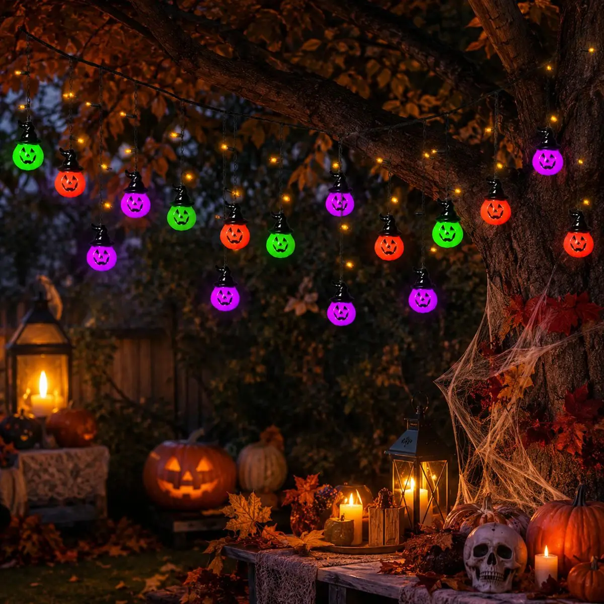 1pc Halloween Horrible 10 Witch Hat Pumpkin Lights and 25 Mini Orange Bulbs Ice Strip String Light For Home Holiday Patio Decor