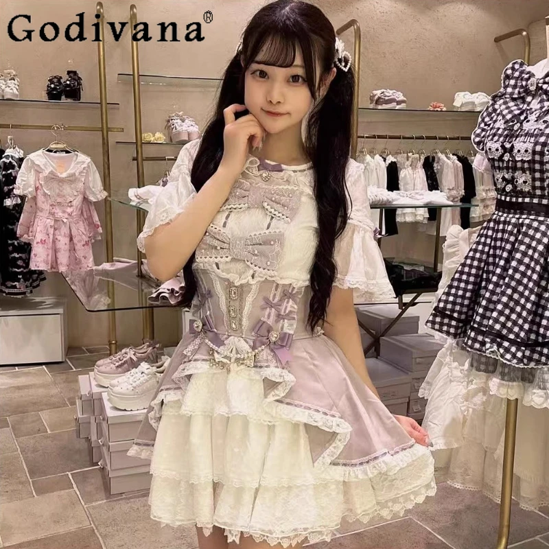 

Liz Shirt Summer New Japanese Style Mine Mass Production Sweet Short Sleeve Blouses Cute Bow Tops Women's High Waist Short Skirt