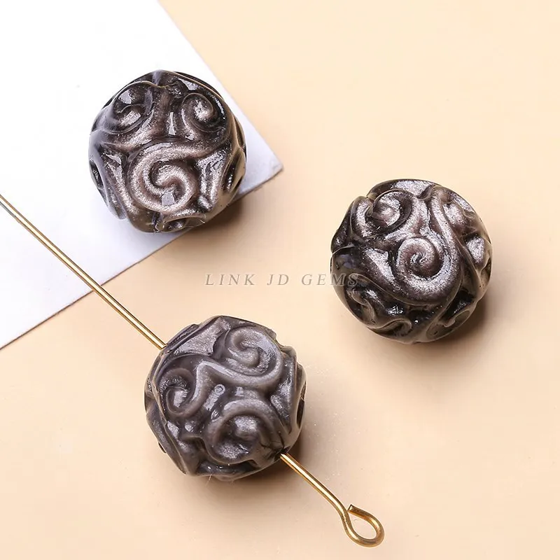 1 Pc Natural Silver Obsidian Flower Patterned Bead Fit Pendant Charms For Jewerly Making Diy Bracelet Necklace Accessory