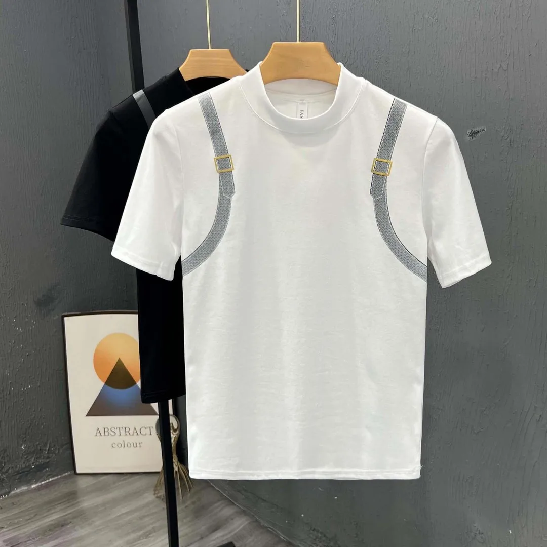 

Urban Edgy Mock Neck T - Мужская футболка с искусственным принтом на подтяжках и металлической пряжкой с коротким рукавом, облегающая летняя повседневная футболка Essential Top