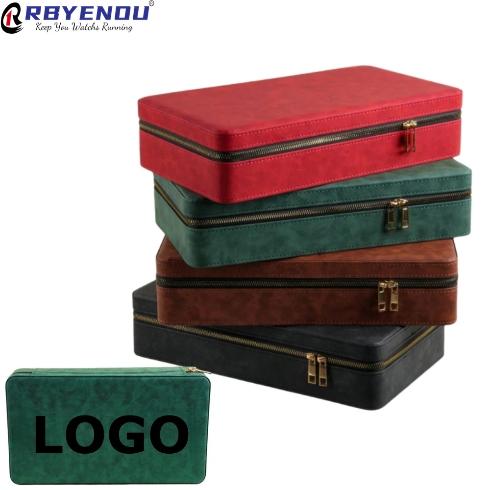 Glossy Glaze Style PU Leather Watch Box Custom Logo Zippered Suede-Like Scratchproof 12/6 Slots Case Imitation Suede Interior