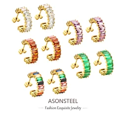 ASONSTEEL Luxury C Shape Rectangular Colorful Cubic Zirconia Stud Earrings Anti-allergic Stainless Steel Exquisite Jewelry Gift