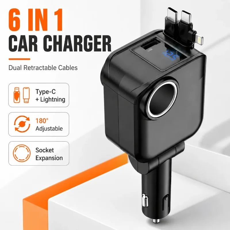 Retractable Car Charger Dual Type C Lightning Cables 60W Socket Expansion LED Display 180 Degree Adjustable 12V 24V