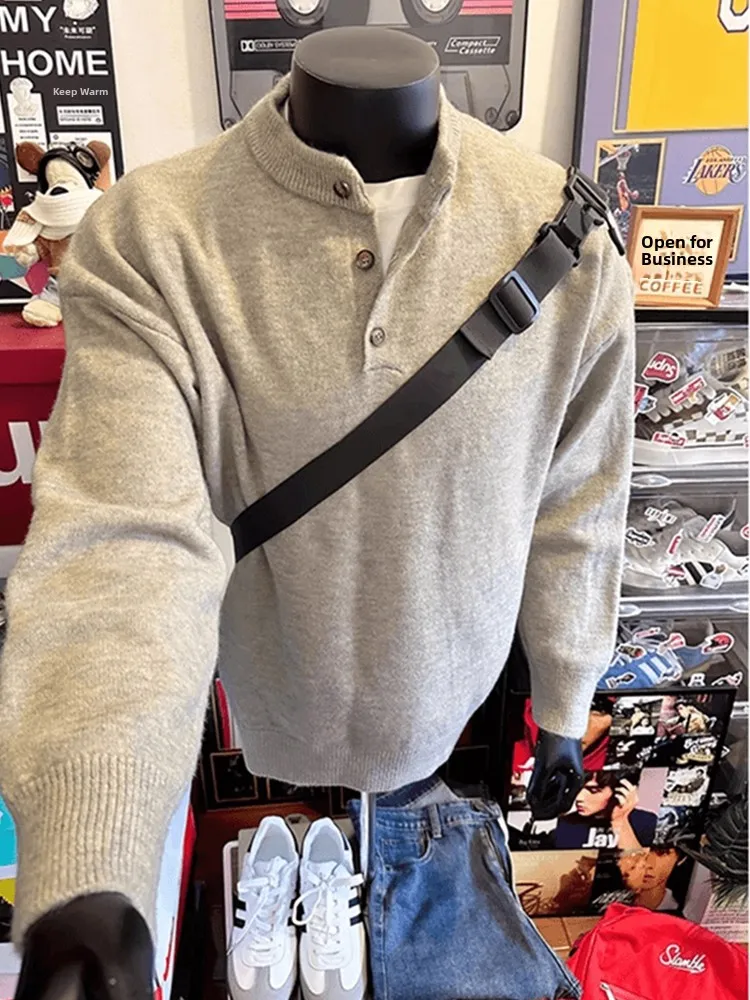 

Weere Men's Henry Collar Knitwear Casual Sle American Retro Heavyweight Lazy Faion High-End Feeling Autumn Base Layer Top