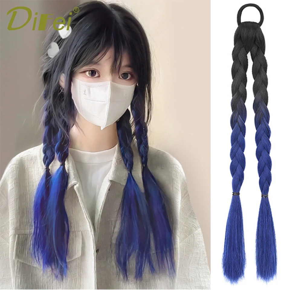 DIFEI Wig Braid Synthetic Hair Sweet Cool Girl Natural Gradient Twist Long Braid Fashion Highlights Spice Girl Double Ponytail