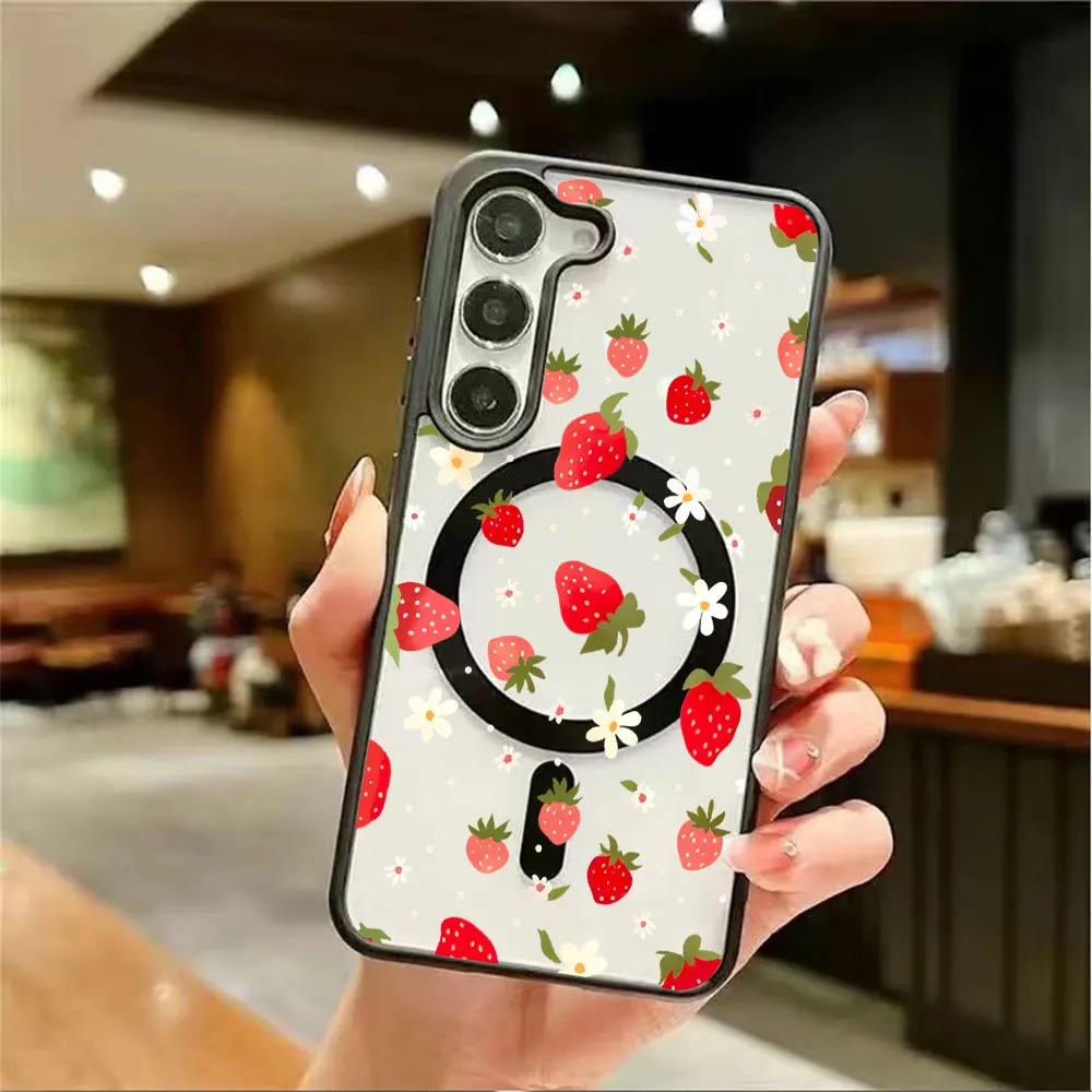 Magnetic Wireless Charging Phone Case For Samsung Galaxy S26 S25 S24 S23 S22 Ultra Plus FE 5G Strawberry Flower Print Back Cover - view 4