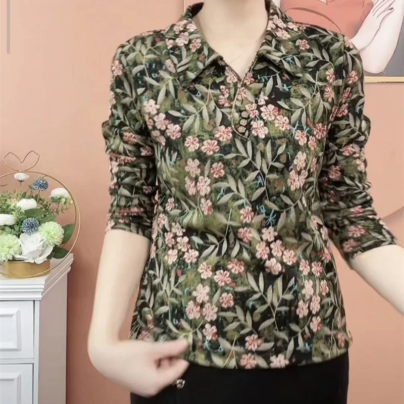Women's Vintage Floral Printed Polo Collar Basic T-shirts Spring Autumn Fashion Long Sleeve Loose Pullover Tops Female Clothing