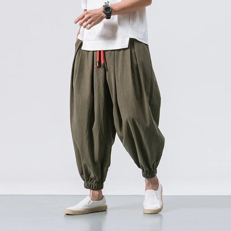 2023 Chinese style linen men's pants cotton hemp loose large size men's casual trousers Haren pants lantern bundle feet