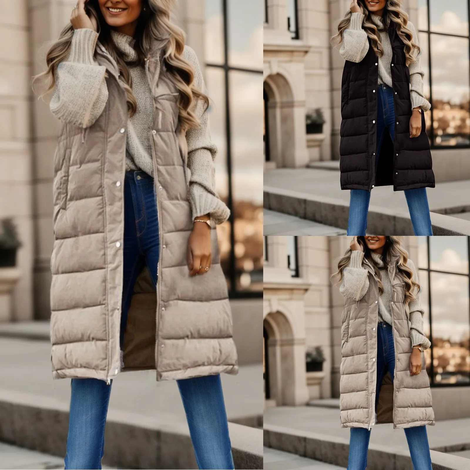 Women's Winter Sleeveless Coat Vest Long Hoodie Warm With Pockets Outdoor Cardigan Fashion Casual Outerwears Windproof Jacket