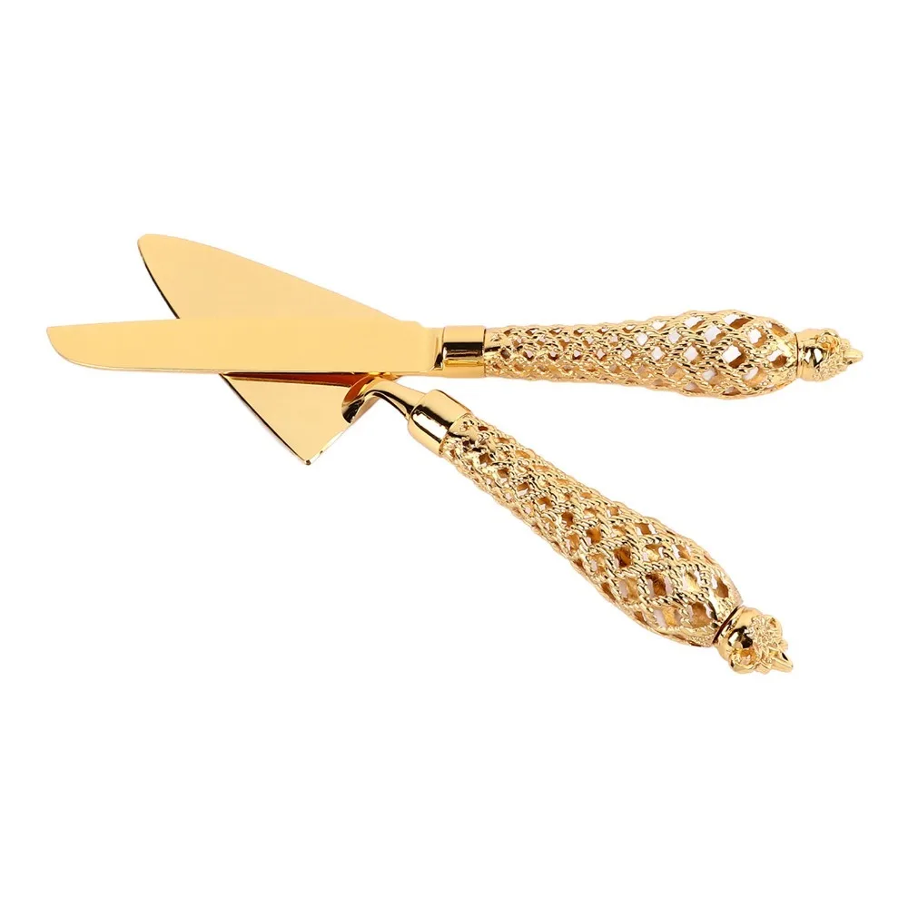 Gold Cake Knife and Server Set Zinc Alloy Non Slip Handle Engraved Cake Cutter Set Elegant Vintage Engraved