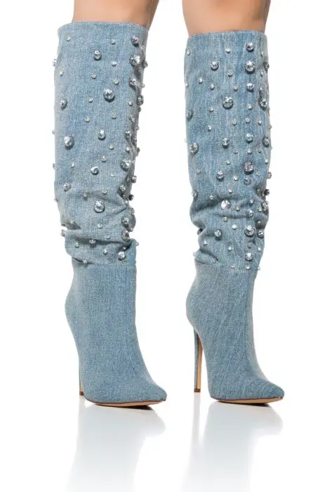 Pearls Pointy Denim Knee High Boots For Women Elegant Chic High Heels Shoes Female Winter New In Design Long Boots 44