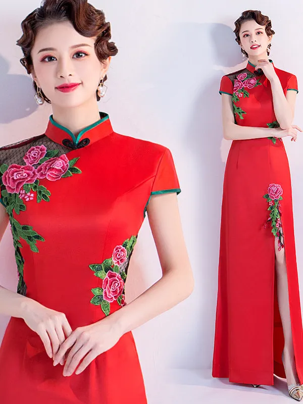 

Красное вечернее платье-ципао с вышивкой и высоким разрезом для свадебных церемоний и выступлений, из полиэстера, с коротким рукавом