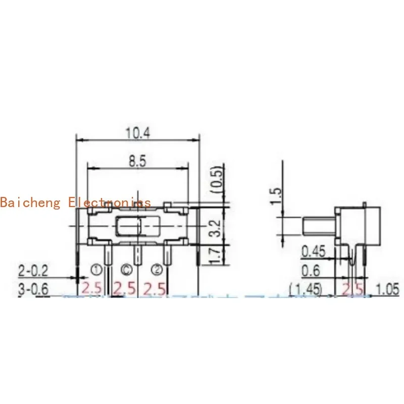 100PCS Vertical straight insertion 5-pin 2-position side shift toggle belt holder micro sliding switch power supply