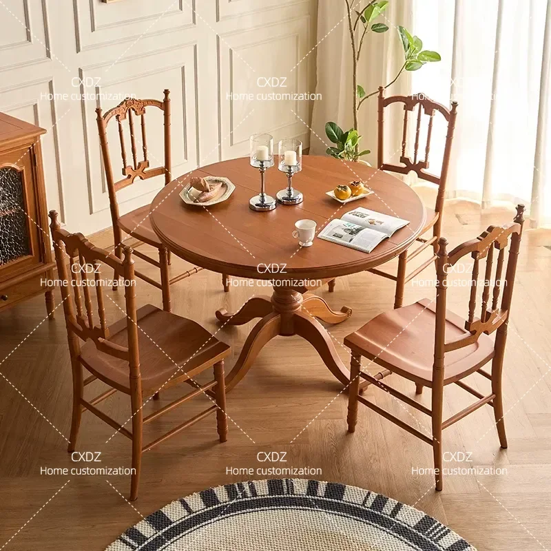 Retro Cherry Wood Dining Table All Solid Wood Stretchable Round Table Household Retractable Dining Set with Four Chairs