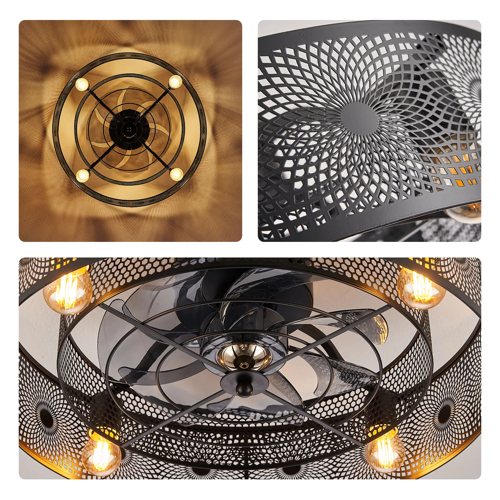 20 Inch Caged Ceiling Fan with Light, 6 Speeds, Timer, Reversible Motor, Industrial Low Profile Ceiling Fan for Living Room, Bedroom, Kitchen (Black)
