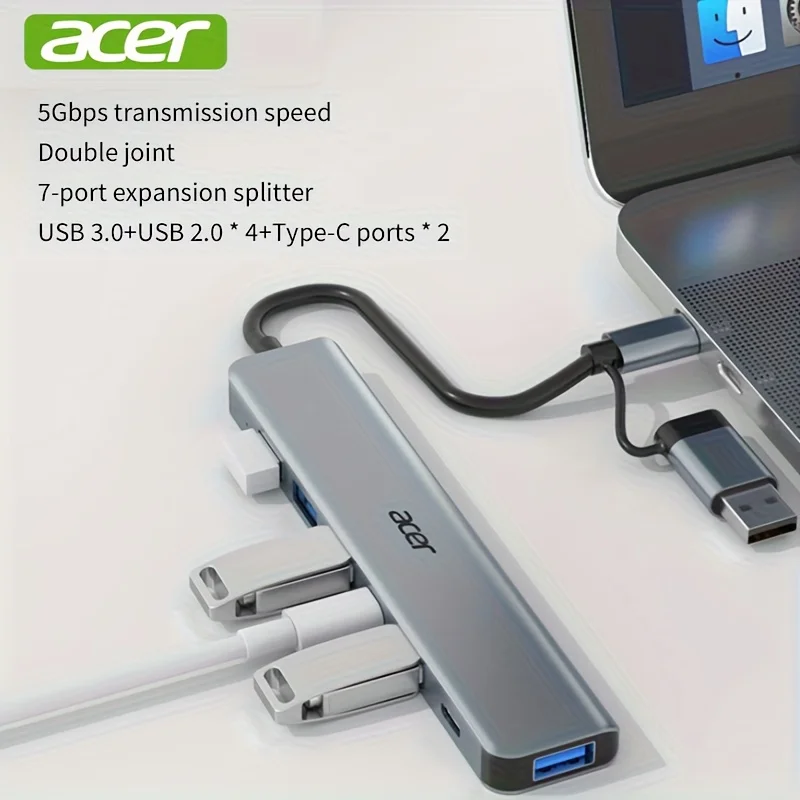 Acer Type-C/USB Hub to USB 3.0 Splitter, High Speed 7 Port Hub, 1 RPM Adapter for Laptop Tablet Dock HY41-T7