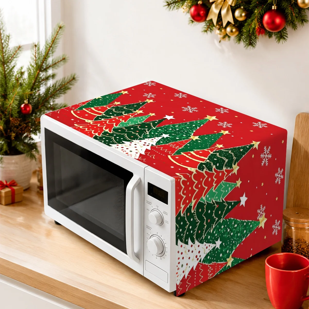 Christmas Microwave Cover Xmas Tree Snowflake Print Polyester Decorative Microwave Top Cover for Home Decor Christmas Decoration