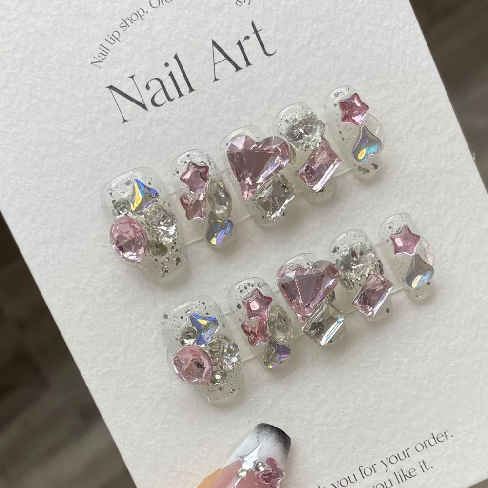 

Handmade Fairy Press on Nails with Charm Luxury Design Reusable Adhesive False Nails French Medium-length Nail Tips for Girls