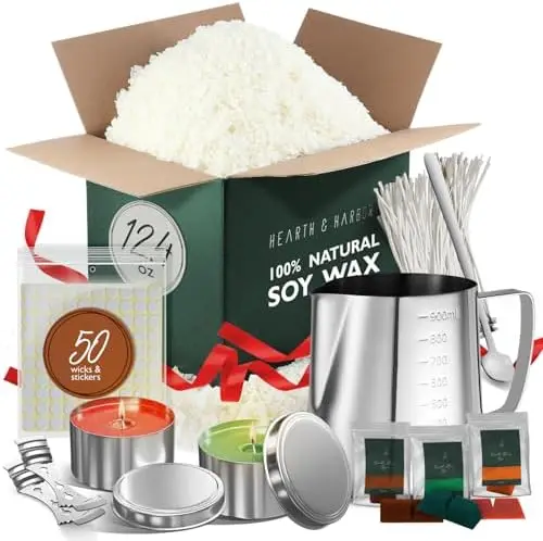 

Hearth & Harbor Soy Wax Kit – 12.4 oz Natural Flakes, 2 Tins, 50 Wicks, Centering Tools