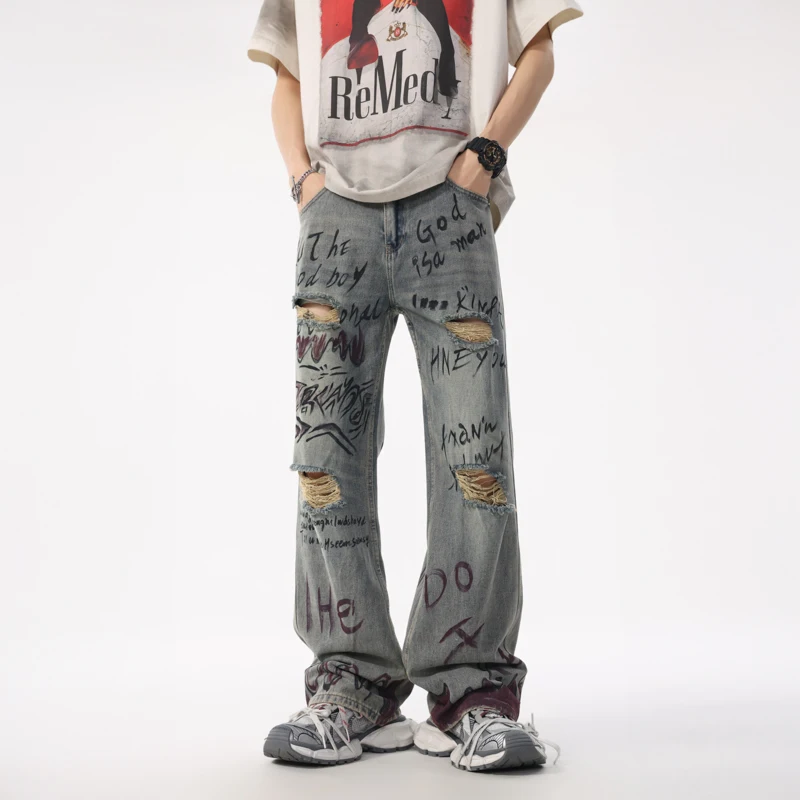 

XL8877 Summer tide jeans loose graffiti straight trousers high street retro washed hole trend leisure