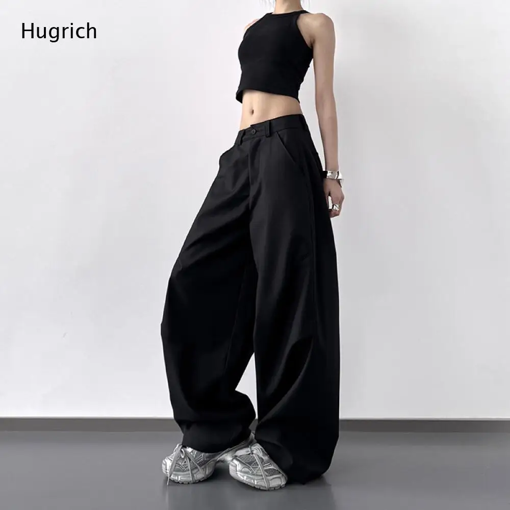 Daily Office Ladies High Waist Wide Leg Suit Pants Solid Black Zip Button Fly Draped Loose Floor Length Casual Trousers
