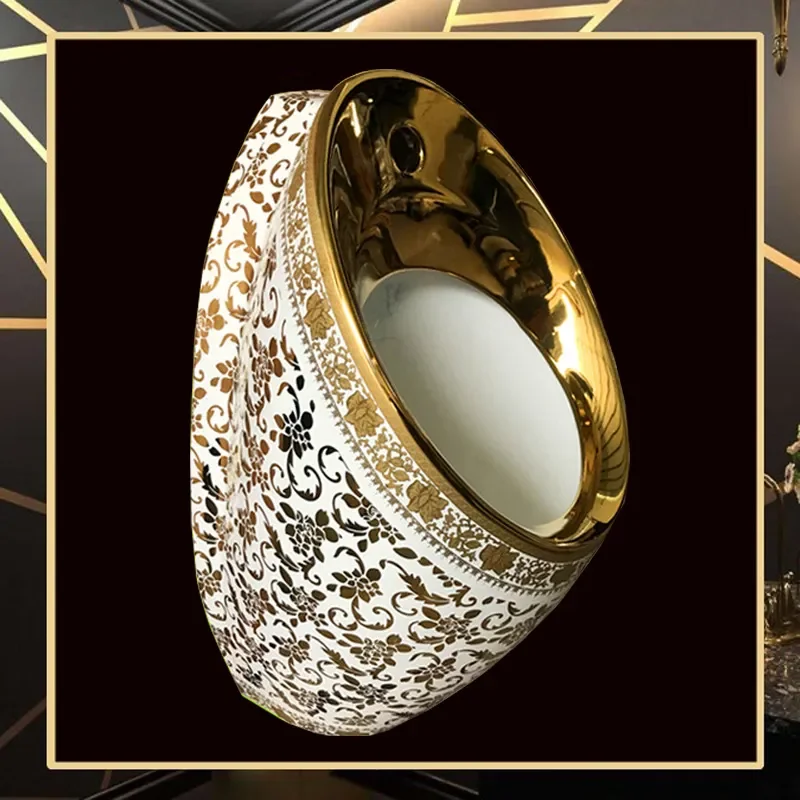 Luxury Gold Wall Mounted Urinal Automatic Sensor Flush Ceramic Toilet Bowl for Hotel KTV Bar Modern Bathroom Fixture Decor