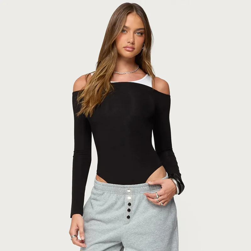 

European and American sexy women's autumn solid color off-the-shoulder contrast color wide collar long-sleeved jumpsuit