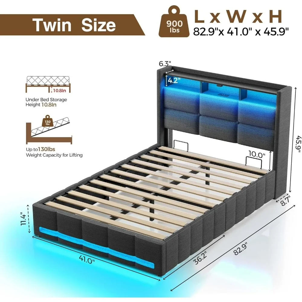 Bed Frame Full Size with Lift Up Storage, Charging Station LED Lights,Upholstered Storage Headboard,Heavy Duty Wooden Slats