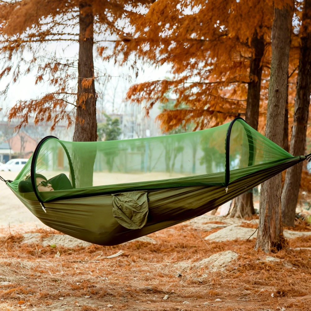

Camping Hammock With Mosquito Net Ultralight Parachute Nylon Hanging Bed For Outdoor Survival Travel Backyard