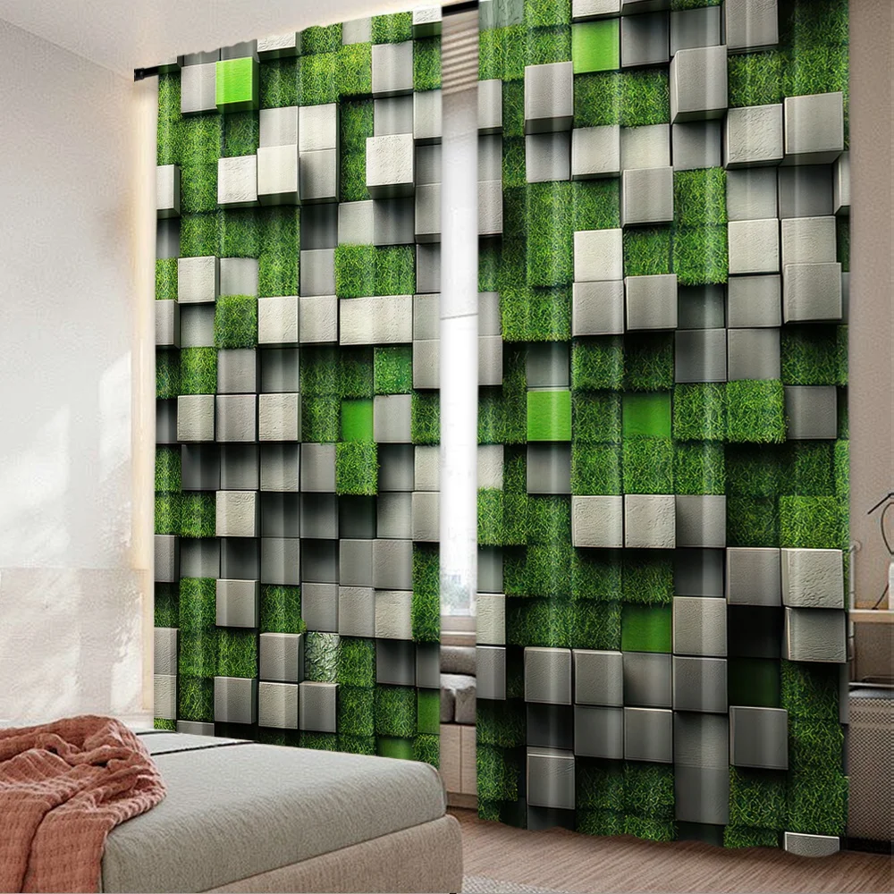 Rideaux de noël à impression plate 2D, 2 pièces, à la mode, Cubes de grille d'herbe, rideaux en Polyester imprimés numériques, utilisation festive pour les vacances