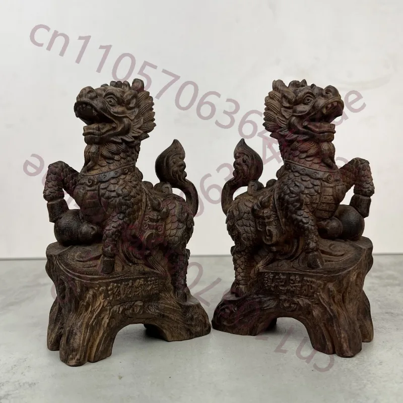 Par de Kirin de Madera de Agar Tallados a Mano - Estatua de Feng Shui de 5.5"/7", Decoración de Oficina en Casa para la Fortuna y la Suerte, Animal Auspicioso de Madera Maciza