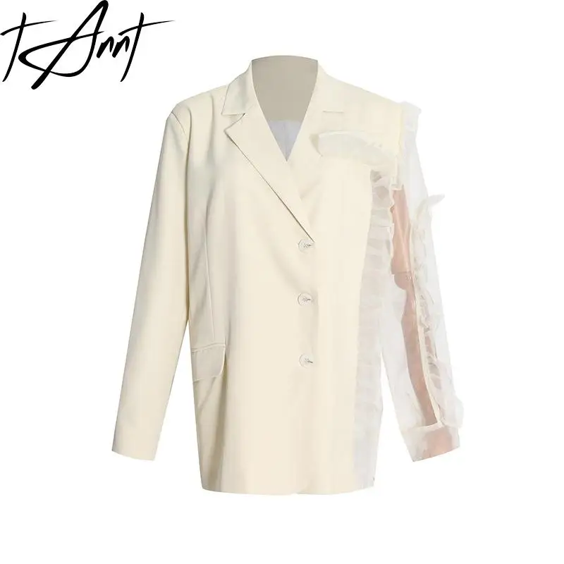 Tannt Women Blazer Mesh Patchwork Perspective Fashion Blazers For Women Formal Asymmetry White Women Blazers And Jackets 2023