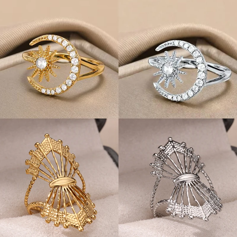 Zircão estrela lua anéis para mulheres cor de ouro aço inoxidável geométrico estrela lua anel noivado casamento natal jóias presente
