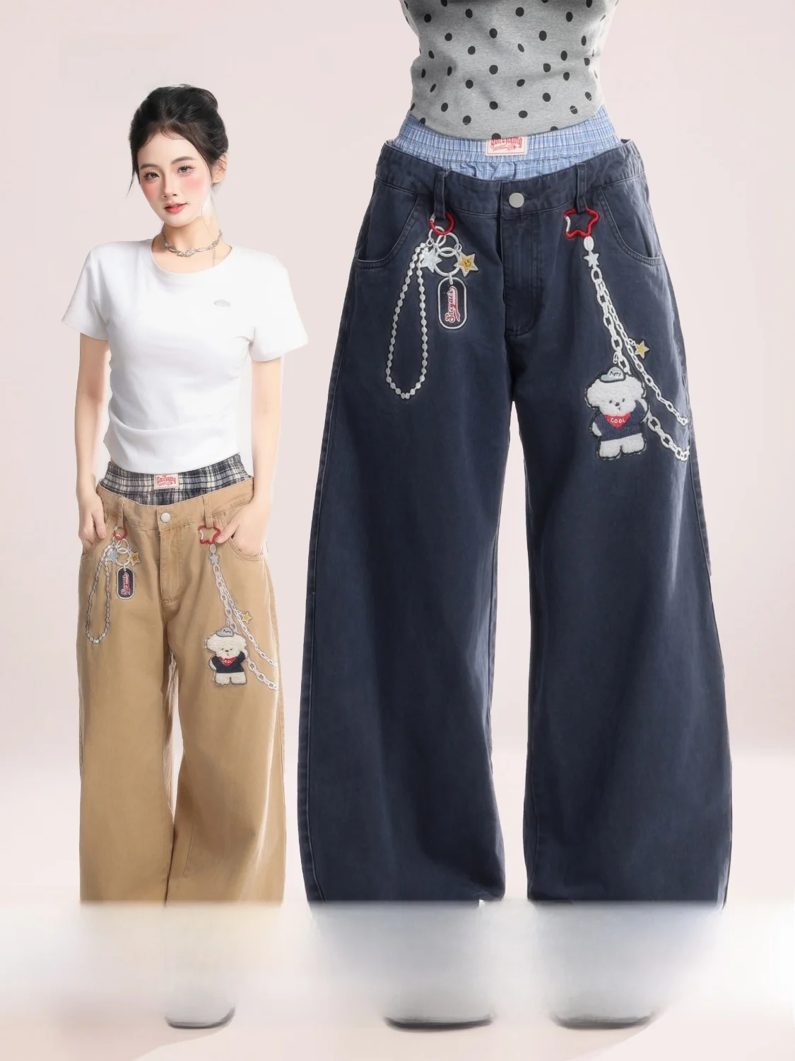 

Женские повседневные брюки HM в американском ретро-стиле с вышивкой мультяшной собаки, в клетку, свободные, универсальные, прямого кроя, для работы и повседневной носки, весна