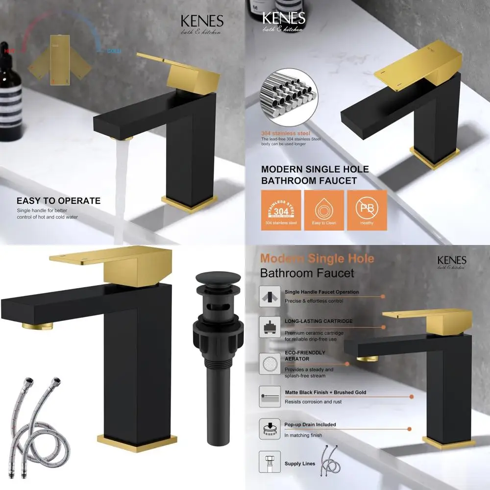 

Black and Gold Single Hole Vanity Faucet with Pop-Up Drain and Lines, Matte Black/Brushed Gold LJ-9031-BG