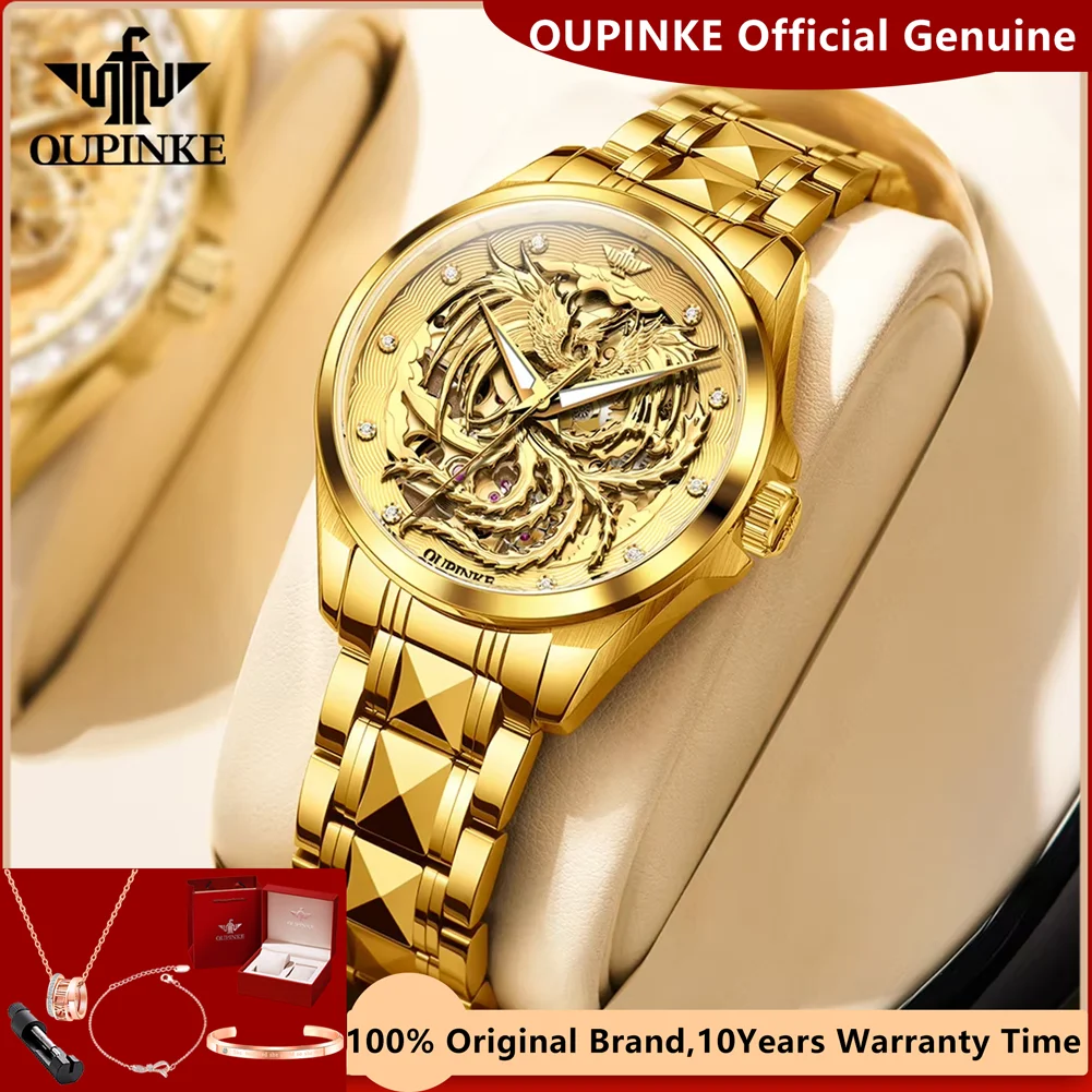 OUPINKE Luxury Woman Watch Hollow Out Gold Phoenix Full Automatic Mechanical Watches for Women 5Bar Waterproof Ladies Wristwatch