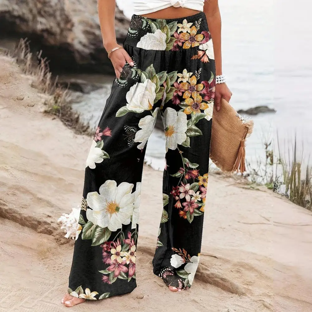 

Printed Wide Leg Pants Flower Leaf Printed Women's Casual Pants Elastic High Waist Wide Leg Trousers with Pockets Stylish for A