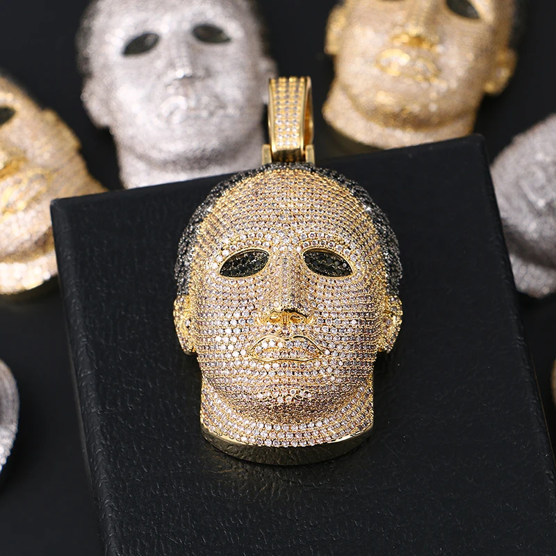 LYEE CYEE Shining Mask Necklace Pendant, Sparkling Copper Moissanite on Gold Cuban Chain, Bold Hip Hop Jewelry