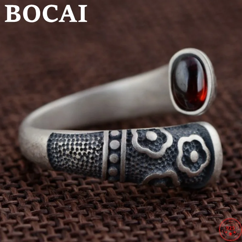 BOCAI Sterling Siliver S925 Rings 2022 New Fashion Ausipcious Clouds Totem Garnet Adjustable Argentum Jewelry for Men Women