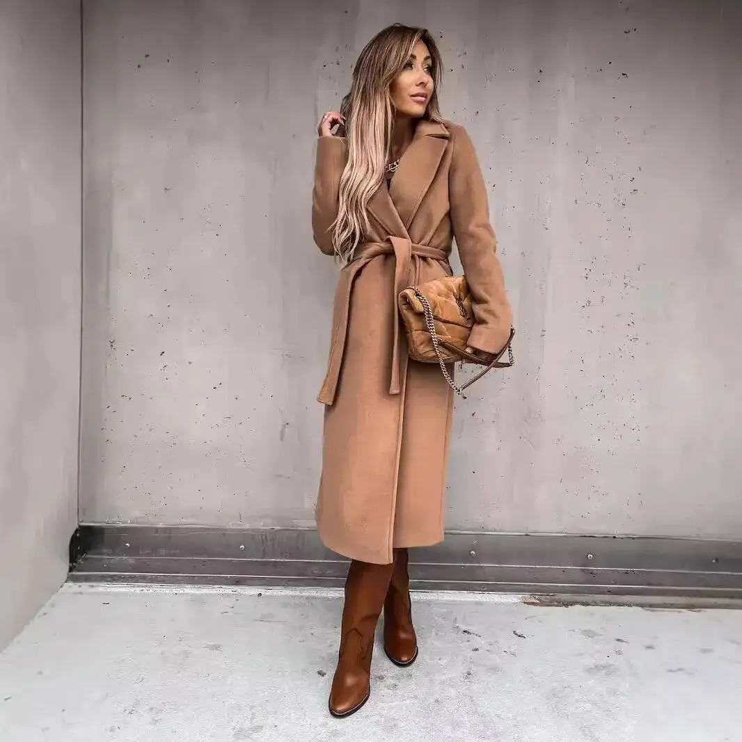 Independent Station Wish Spring Autumn Woolen Overcoat Simple Fashion V-Neck Tied Long Jacket Women's Loose Fit