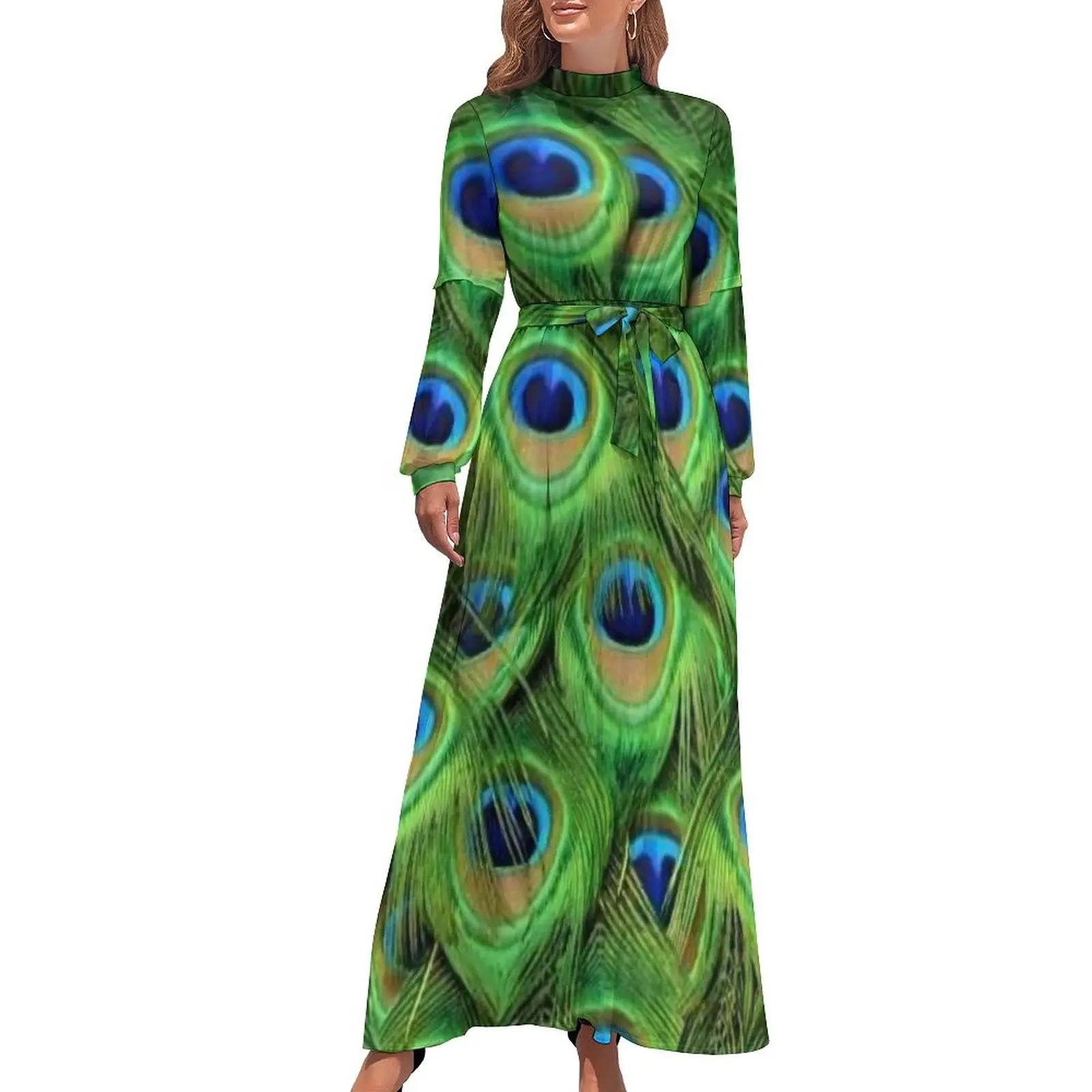 

Peacock Feathers Dress Long Sleeve Animal Print Sexy Maxi Dress High Neck Aesthetic Custom Bohemia Long Dresses Gift Idea