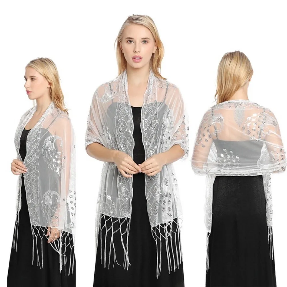Fashion Sequins Elegant Wedding Shawl Embroidered Lace Lace Hollow Floral Lace Shawl Breathable Tulle Prayer Shawl Bride