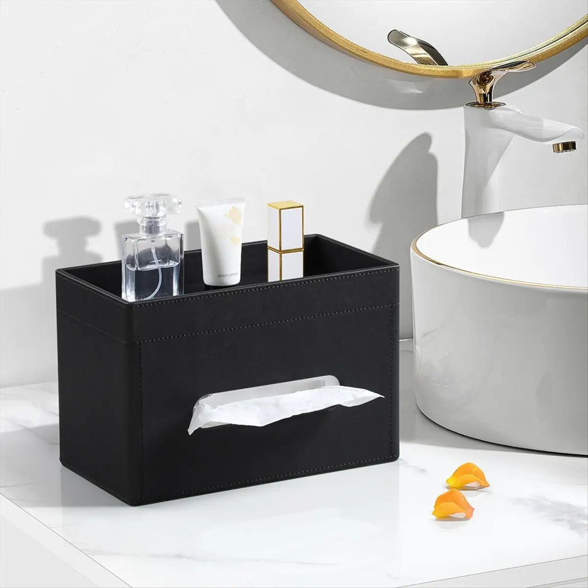 A78I Plus Size Tissue Box Cover Rectangle, PU Leather Tissue Box Holder with Storage Tray, Organizer Tissue Holder Black