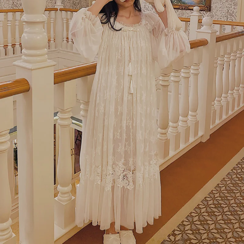 

Gentle Spring and Autumn French Sexy Palace Style Nightgowns Lace Sweet Princess Sleeping Skirt Pajamas Victorian Dress