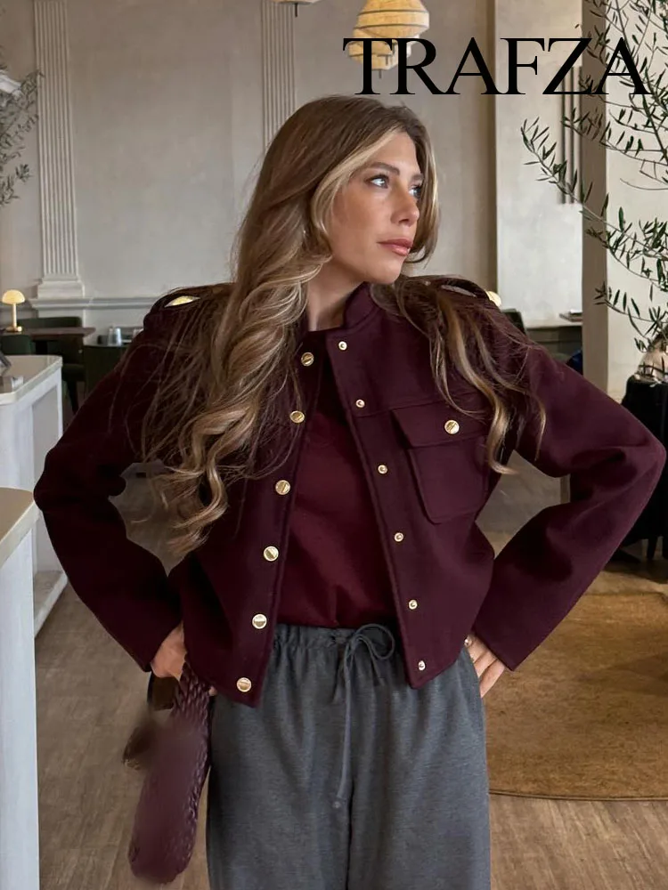 TRAFZA Female Autumn Casual Coats Wine Red O-Neck Long Sleeves Pockets Buttons Single Breasted Women New Fashion Jackets