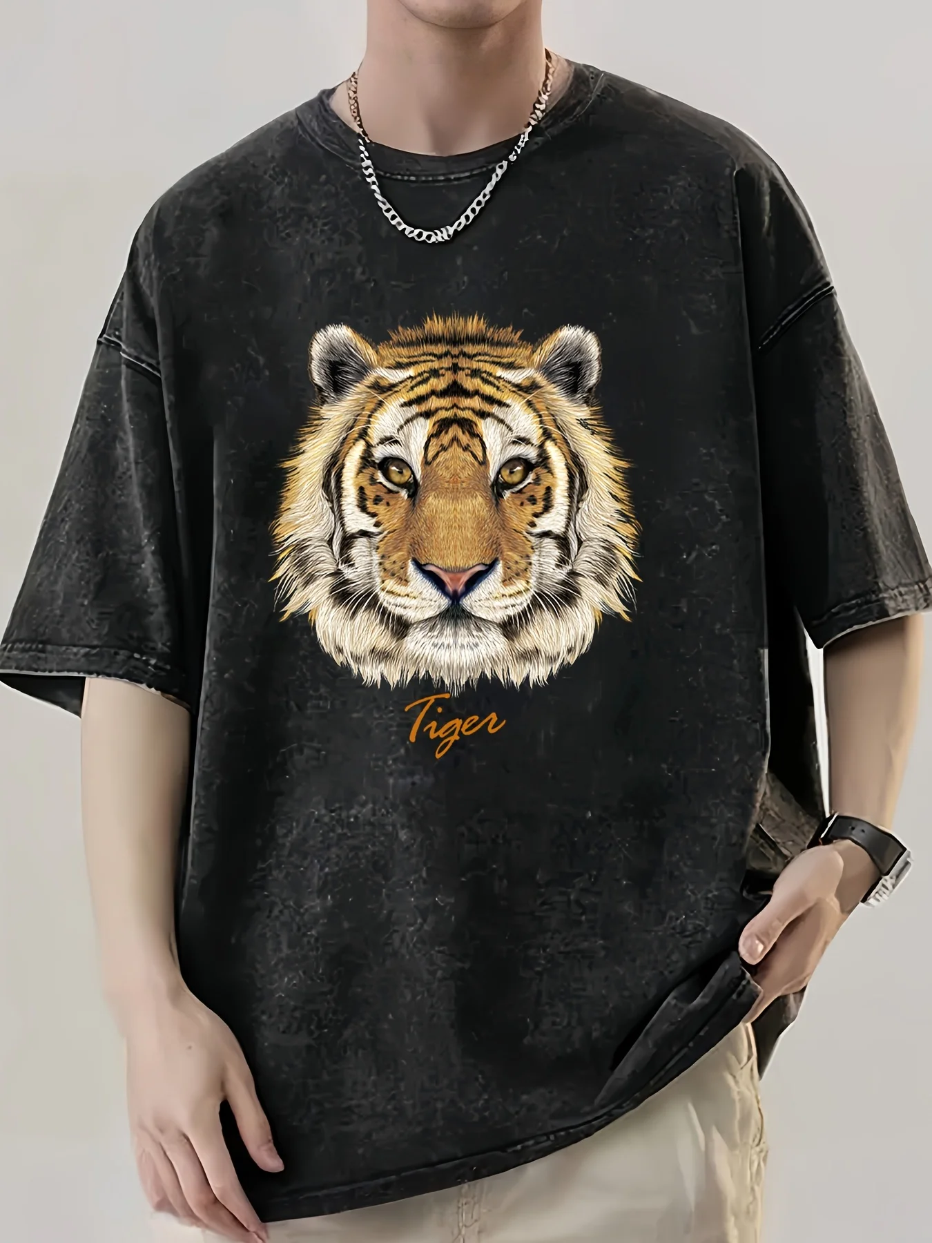 Summer Men's Trendy Lettered Tiger Head Print High-quality Vintage Distressed 100% Cotton Washed Fabric Round-neck T-shirt