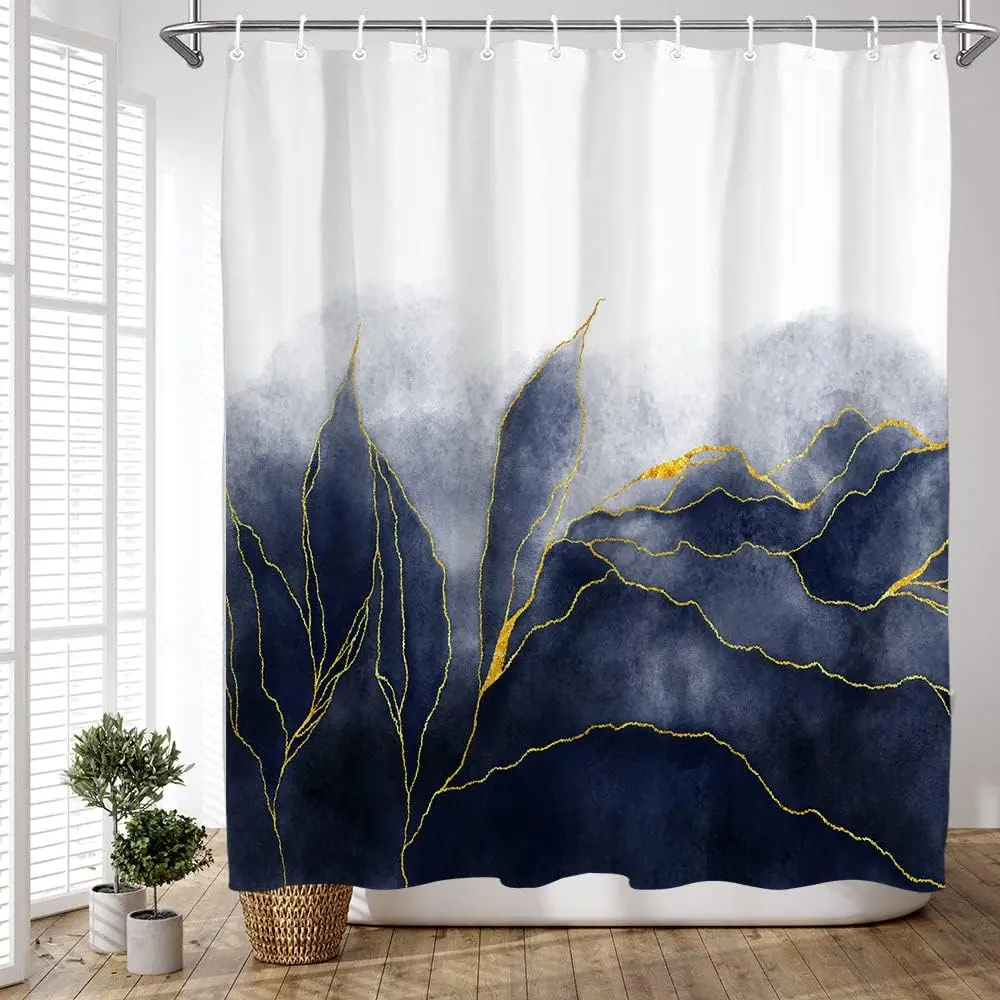 Modern Gold Abstract Leaf Watercolor Shower Curtain Bathroom Decor Luxury Botanical Tropical Style Waterproof Curtain Bath Room