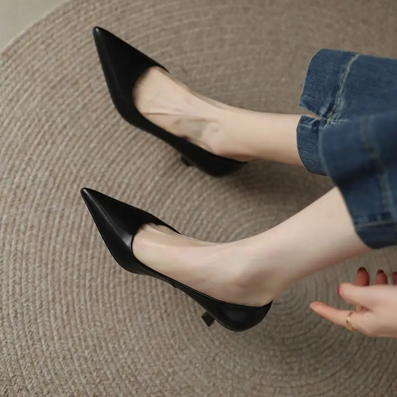 Krazing Pot Cow Leather Pointed Toe Thin 2024 High Heels Daily Wear Shoes Slip On Basic Clothing Design Shallow Summer Pumps